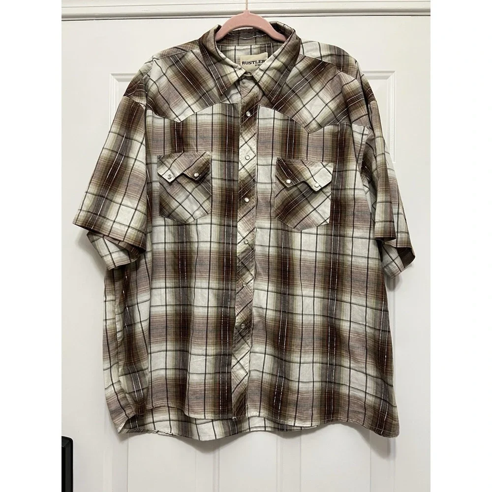 VTG Rustler Wrangler Mens 3XL Plaid Short Sleeve Western Pearl Snap Shirt Brown